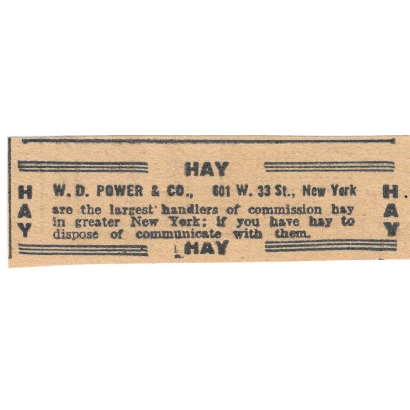 W.D. Power & Co Hay 601 W. 33 St. New York 1922 Magazine Ad AF2-T2