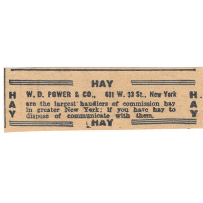 W.D. Power & Co Hay 601 W. 33 St. New York 1922 Magazine Ad AF2-T2
