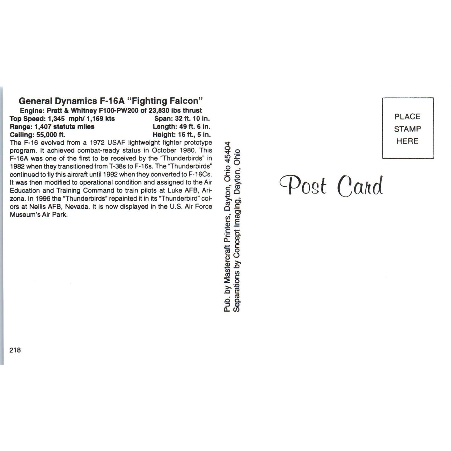 General Dynamics F-16A Fighting Falcon Vintage Postcard PC19