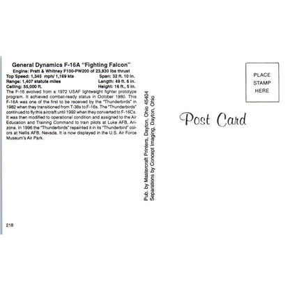 General Dynamics F-16A Fighting Falcon Vintage Postcard PC19