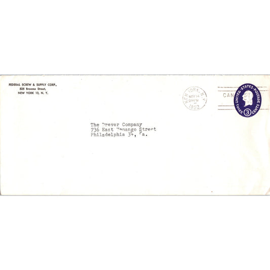 1952 Federal Screw & Supply Corp NY Drever Company Postal Cover Envelope TH9-L1