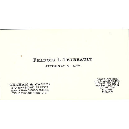 Francis L Tetreault Attorney San Francisco Vintage Business Card SE3-B12