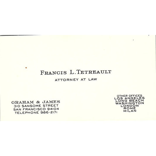 Francis L Tetreault Attorney San Francisco Vintage Business Card SE3-B12