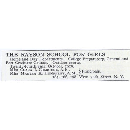 Rayson Girls School Clara Colburne Martha Humphrey c1918 Advertisement AE5-SA3