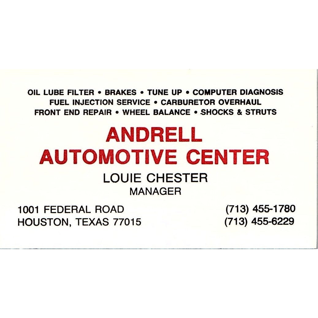 Andrell Automotive Center Louie Chester Houston Vintage Business Card SD9-B14