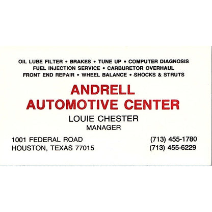 Andrell Automotive Center Louie Chester Houston Vintage Business Card SD9-B14