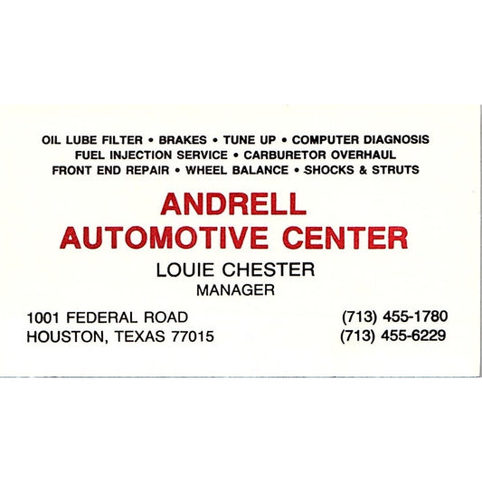 Andrell Automotive Center Louie Chester Houston Vintage Business Card SD9-B14