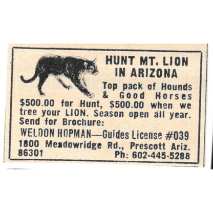 Hunt Mountain Lion Weldon Hopman Guide Prescott AZ 1977 Ad AF6-S3