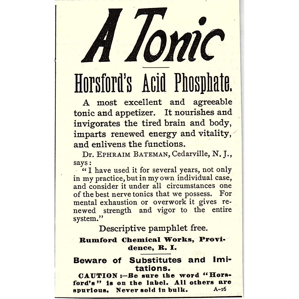Horsfords Acid Phosphate Tonic Rumford Chemical Works Providence 1892 Ad AG2-M12