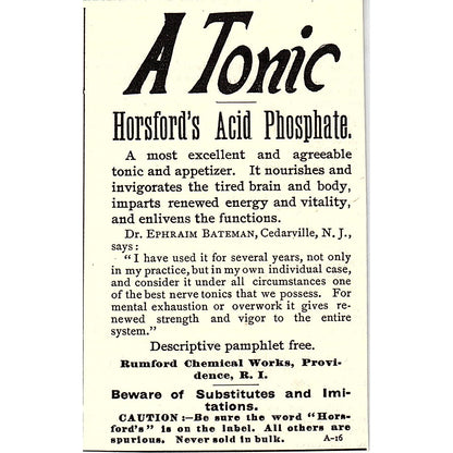 Horsfords Acid Phosphate Tonic Rumford Chemical Works Providence 1892 Ad AG2-M12