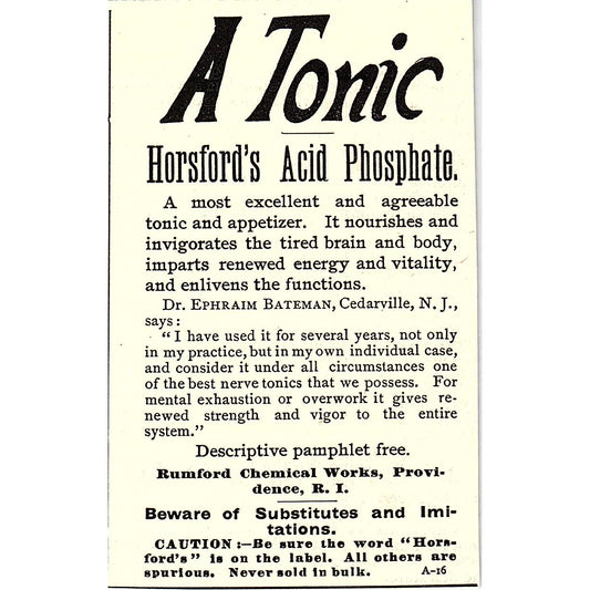 Horsfords Acid Phosphate Tonic Rumford Chemical Works Providence 1892 Ad AG2-M12