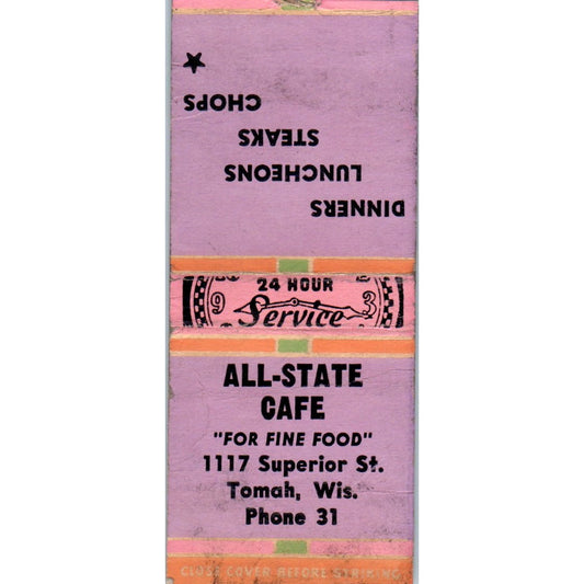 All-State Cafe Tomah WI Vintage Matchbook Cover SD2-Y11