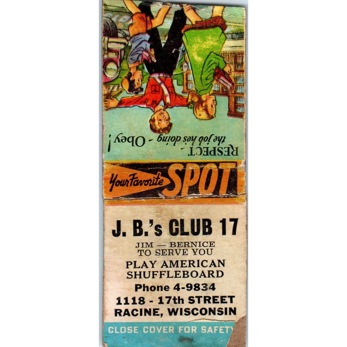 J.B's Club 17 Racine WI Jim & Bernice Vintage Matchbook Cover SD4-Y8