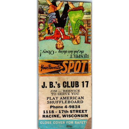 J.B's Club 17 Racine WI Jim & Bernice Vintage Matchbook Cover SD4-Y8