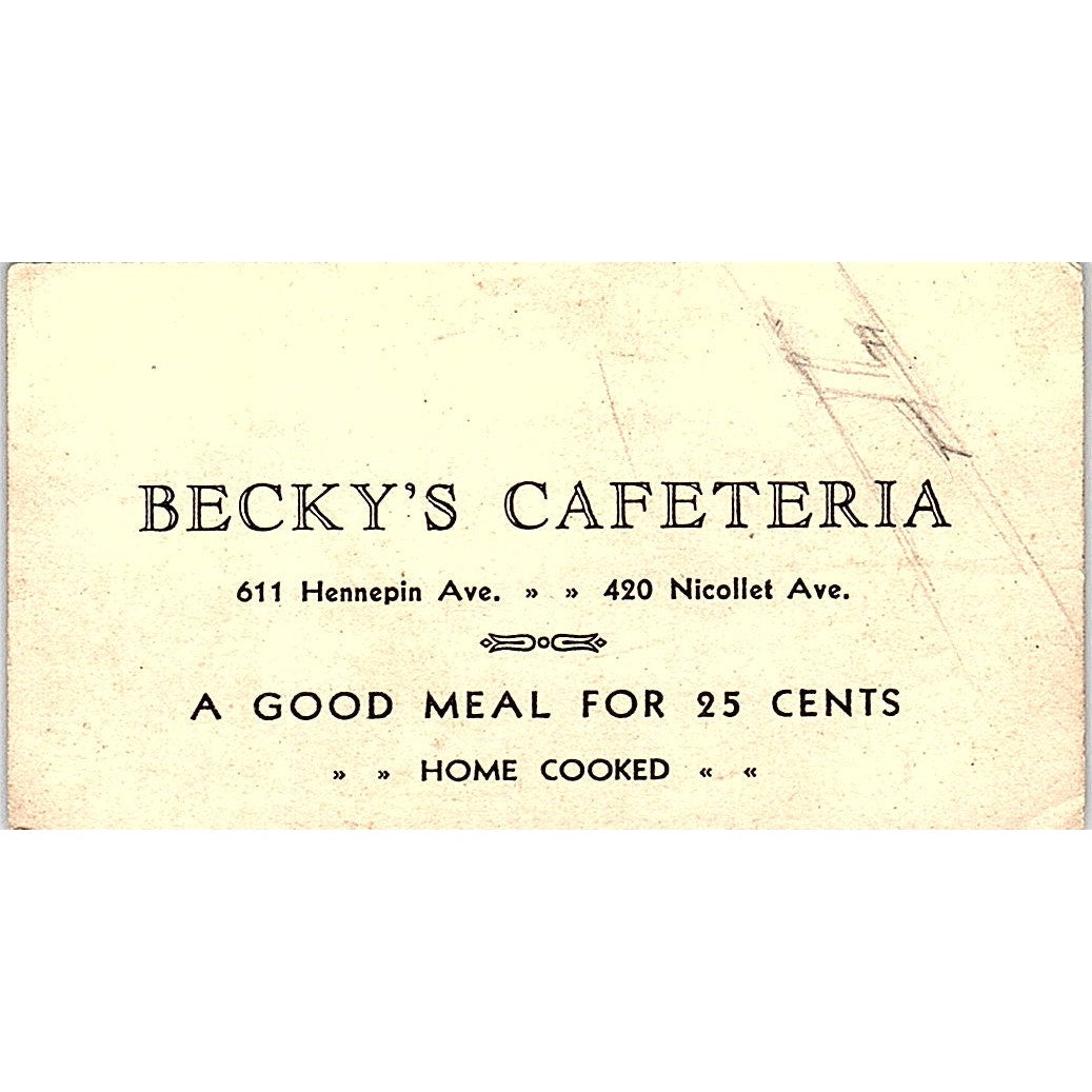 Becky's Cafeteria Hennepin, Nicollet Minneapolis Antique Business Card AG2-S13