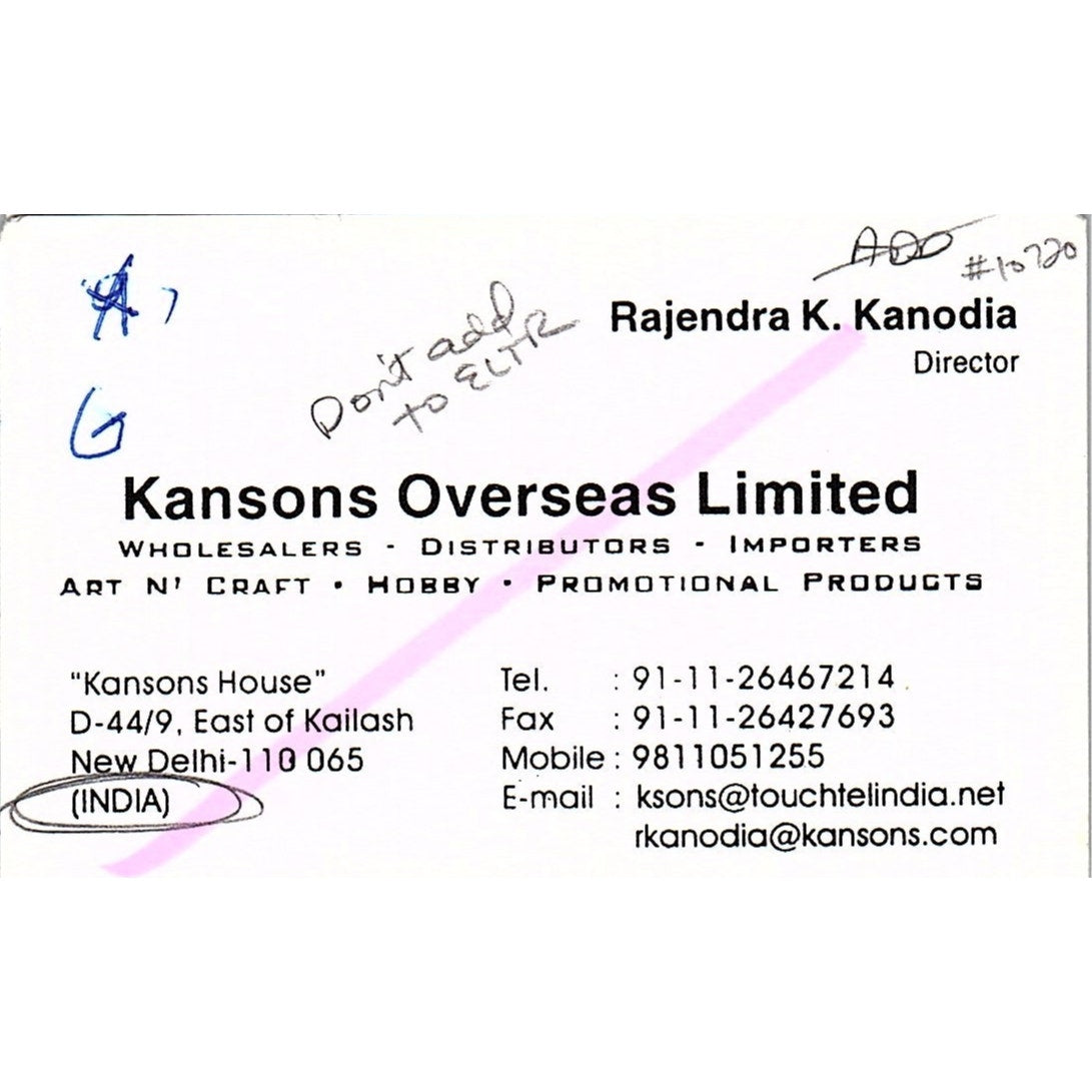 Kansons Overseas Ltd Rajendra K Kanodia New Delhi India Business Card SC9-B11