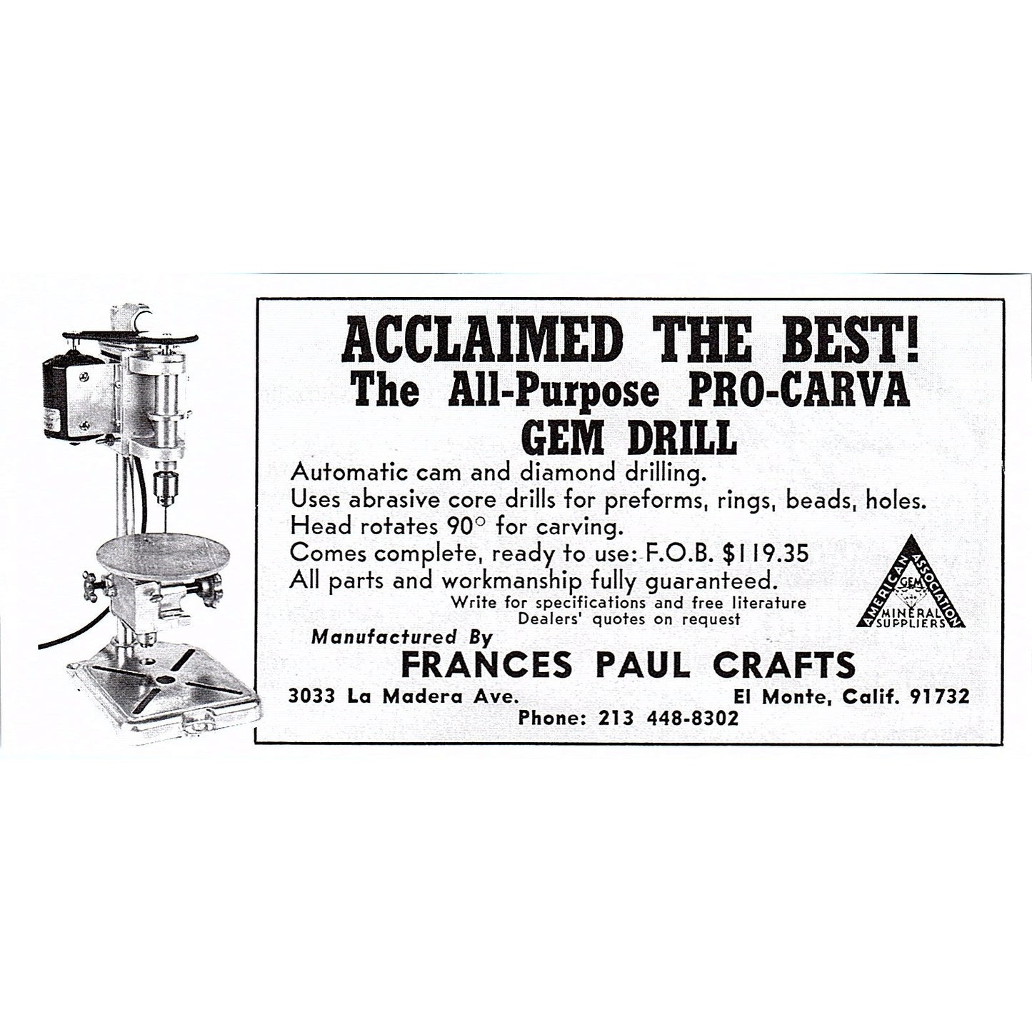 Frances Paul Crafts Pro-Carva Gem Drill El Monte CA 1972 Ad AF8-M4