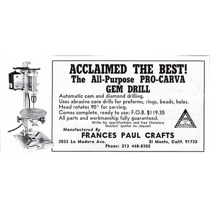Frances Paul Crafts Pro-Carva Gem Drill El Monte CA 1972 Ad AF8-M4