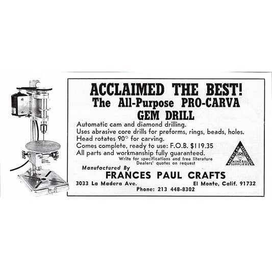 Frances Paul Crafts Pro-Carva Gem Drill El Monte CA 1972 Ad AF8-M4