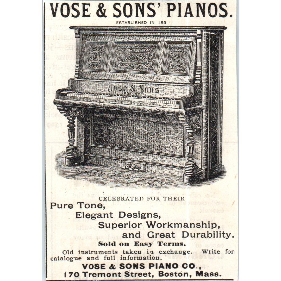 Vose & Sons' Pianos Boston MA c1890 Victorian Ad AE8-CH8