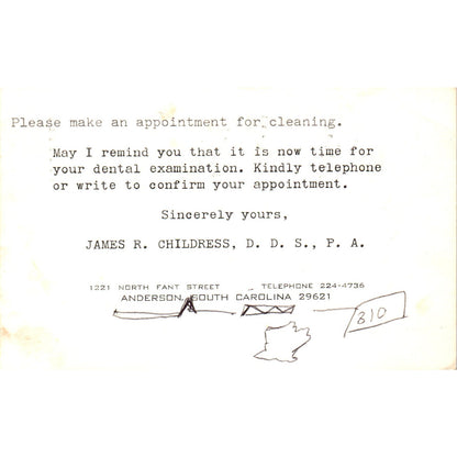 1984 Dental Cleaning Appointment Card James R. Childress Anderson SC TI5-PC1