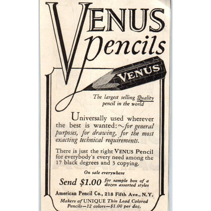American Pencil Co Venus Pencils NY 1928 Original Magazine Advertisement AE5-SSE