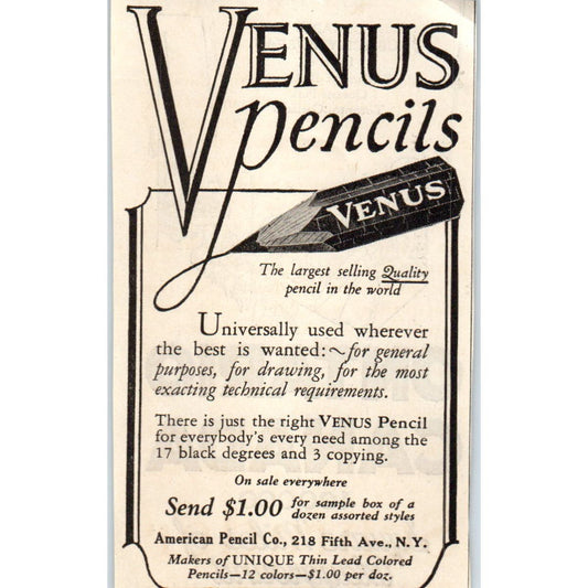 American Pencil Co Venus Pencils NY 1928 Original Magazine Advertisement AE5-SSE