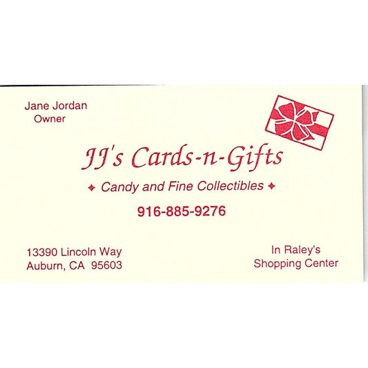 Jane Jordan JJ's Cards-n-Gifts Auburn CA Vintage Business Card SD9-B14