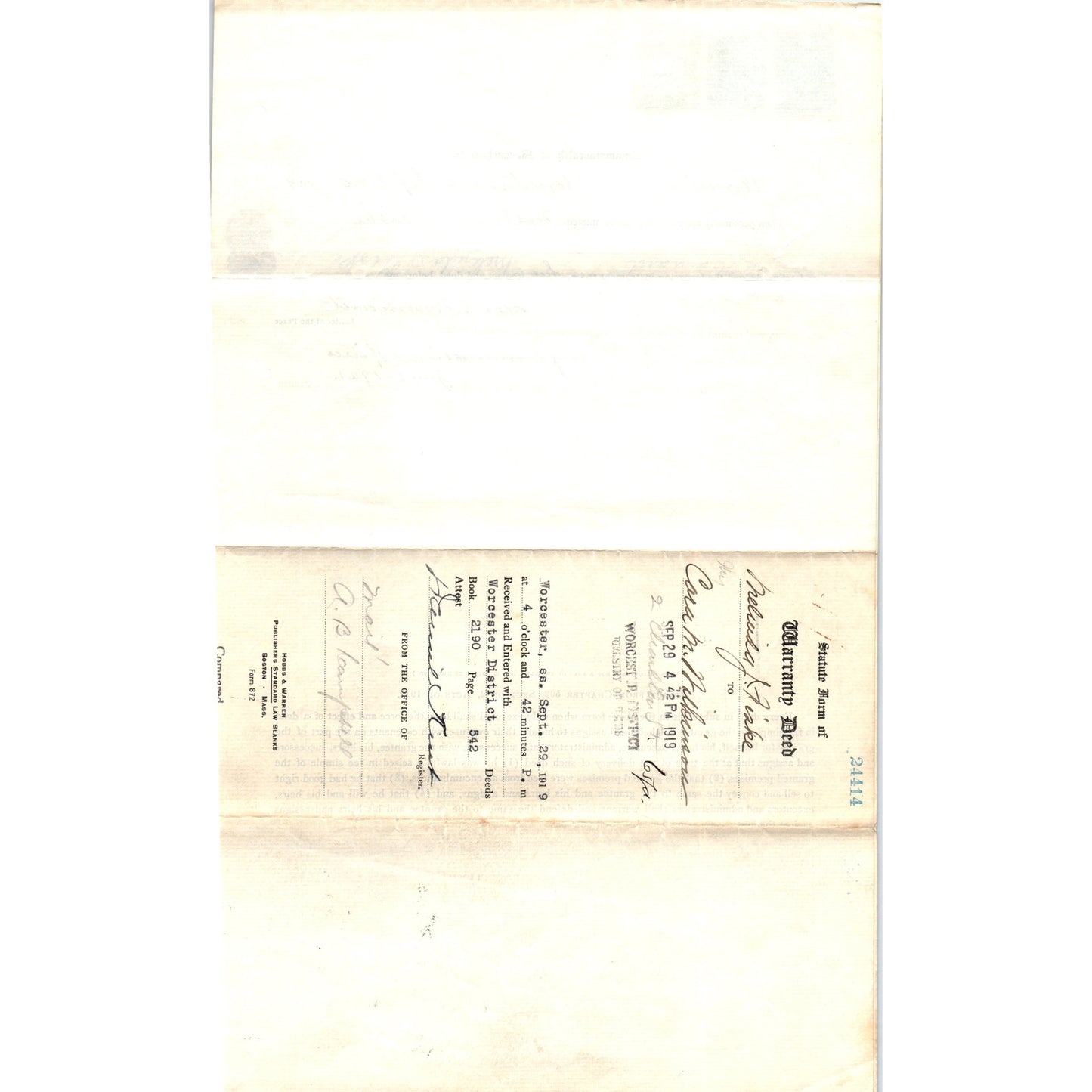 1919 Warranty Deed Melinda J. Fiske to Cora M. Wilkinson Worcester MA AF7-E6