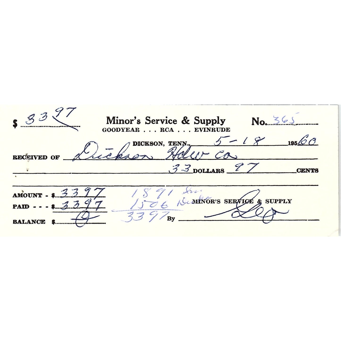 1960 Minor's Service & Supply Dickson TN Billhead Invoice AF9-H1