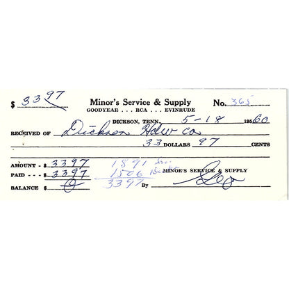 1960 Minor's Service & Supply Dickson TN Billhead Invoice AF9-H1