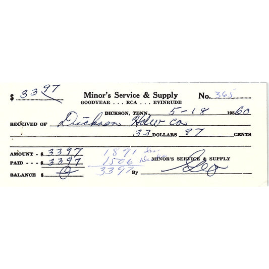 1960 Minor's Service & Supply Dickson TN Billhead Invoice AF9-H1