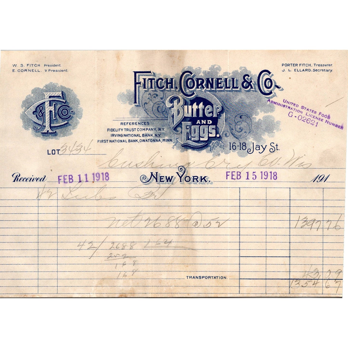 Fitch, Cornell & Co Butter and Eggs New York 1918 Letterhead Billhead K1
