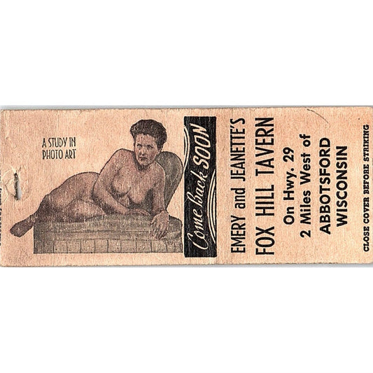 Emery and Jeanette's Fox Hill Tavern Abbotsford WI Pinup Matchbook Cover SC7-Y2