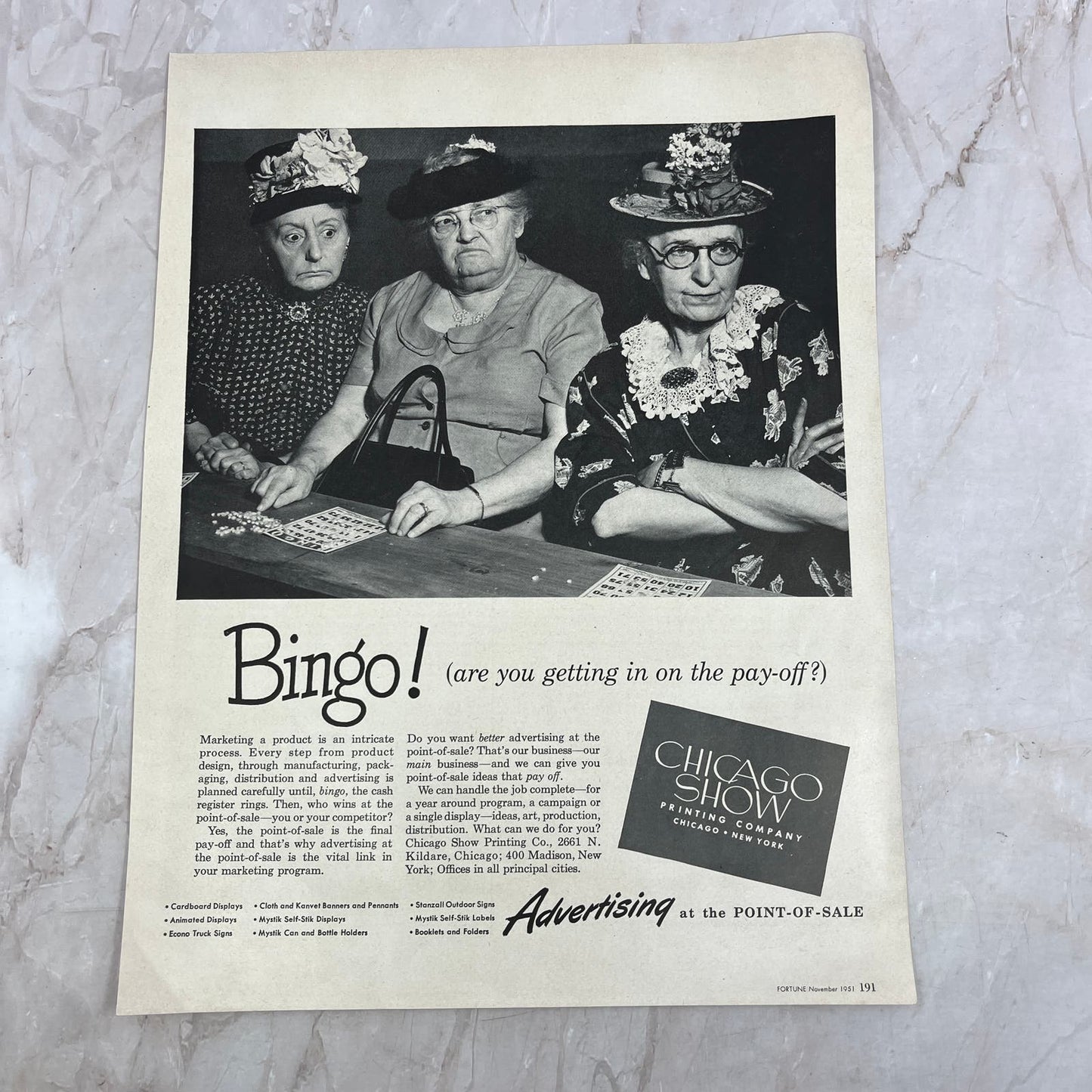 Chicago Show Printing Company Bingo 1951 Magazine Ad FL6-10