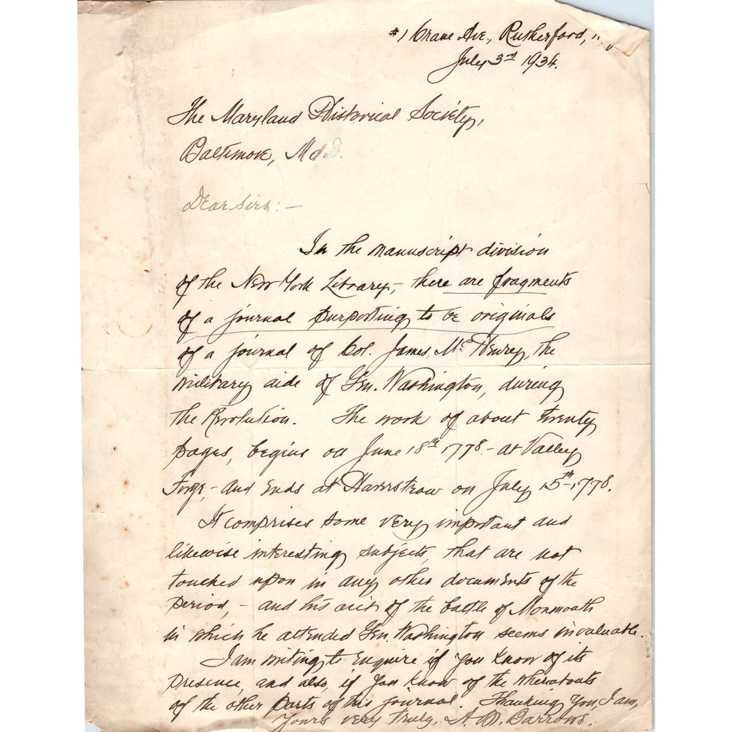 1934 Handwritten Letter A.M. Barrows - Baltimore MD Historical Society D18
