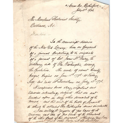 1934 Handwritten Letter A.M. Barrows - Baltimore MD Historical Society D18