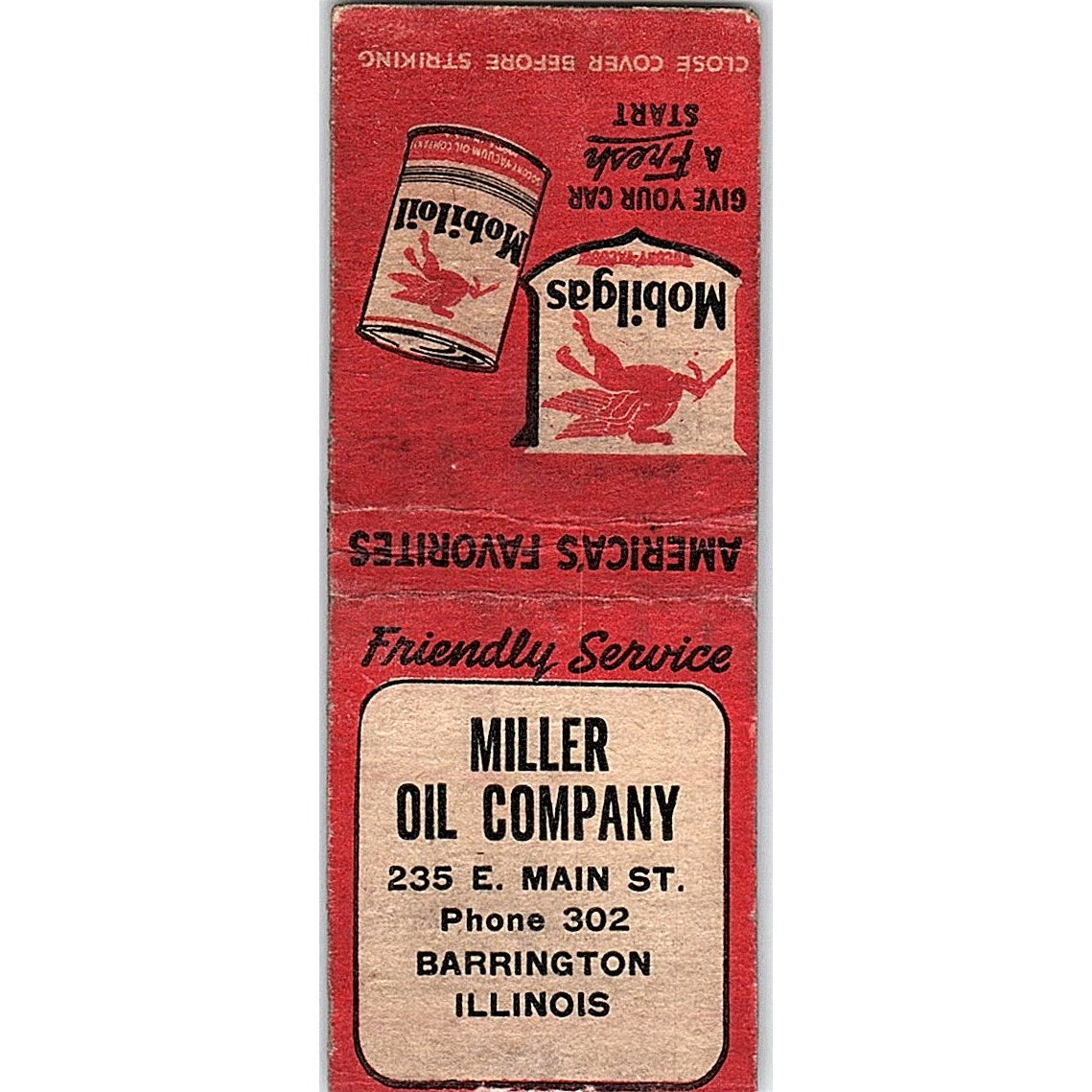 Miller Oil Company Barrington IL Mobilgas Vintage Matchbook Cover SC7-Y8