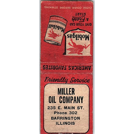 Miller Oil Company Barrington IL Mobilgas Vintage Matchbook Cover SC7-Y8
