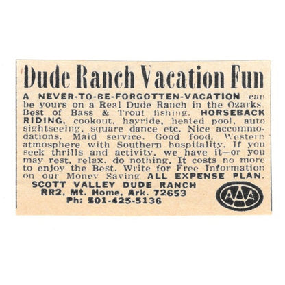 Scott Valley Dude Ranch Mt. Home Arkansas 1977 Ad AF6-S3
