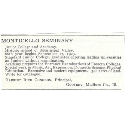 Monticello Seminary Harriet Rice Congdon Godfrey IL c1918 Advertisement AE5-SA10