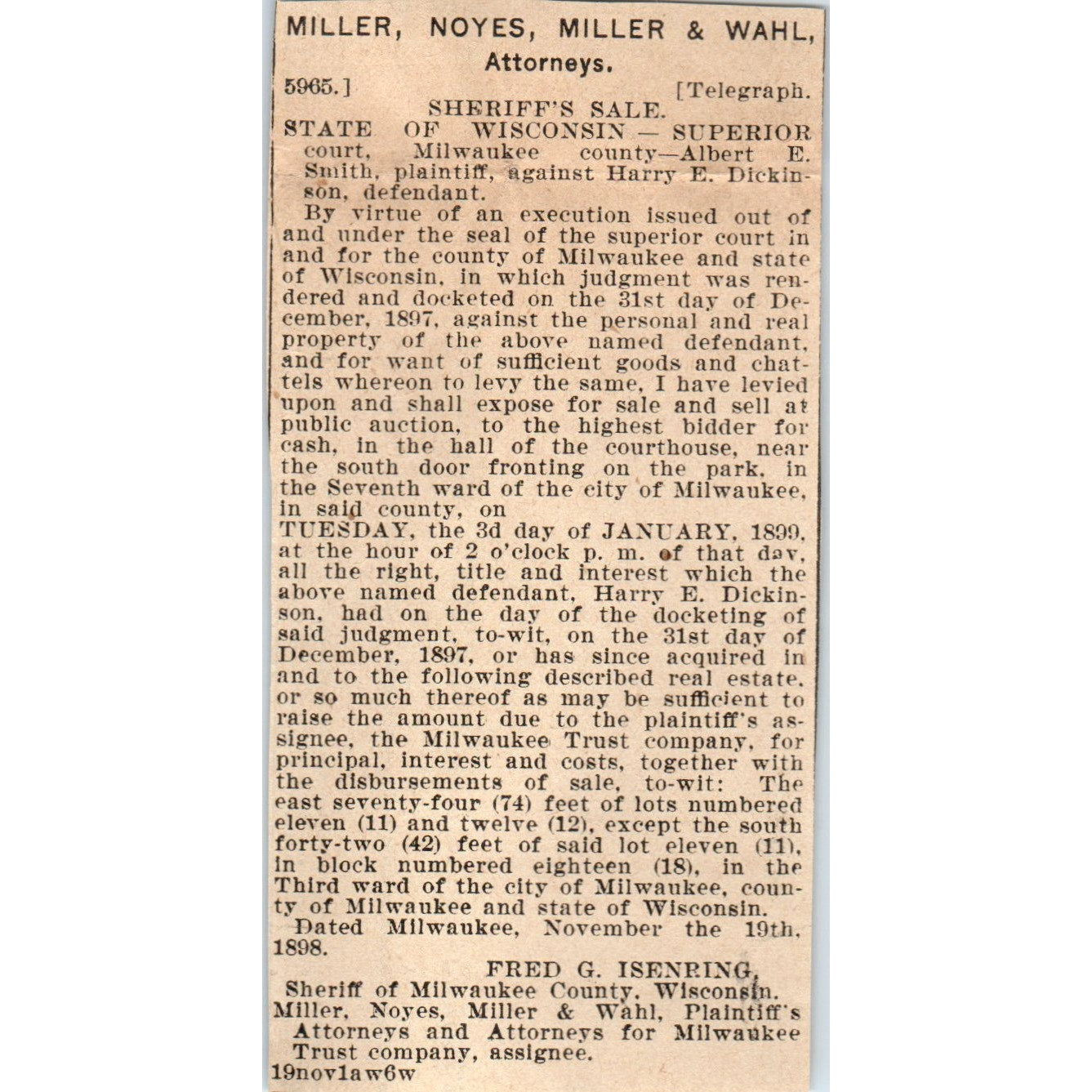 Miller, Noyes, Miller & Wahl Attorneys Milwaukee 1898 Newspaper Clip AF7-E11