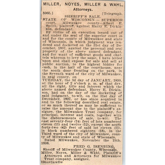 Miller, Noyes, Miller & Wahl Attorneys Milwaukee 1898 Newspaper Clip AF7-E11