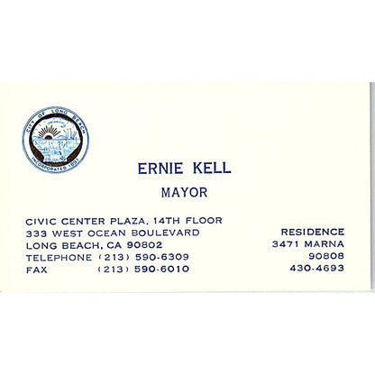 Ernie Kell City of Long Beach CA Mayor Vintage Business Card SC9-B7