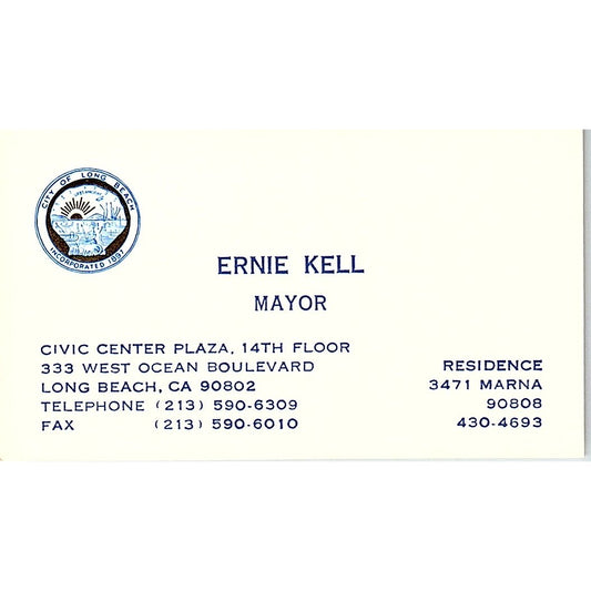 Ernie Kell City of Long Beach CA Mayor Vintage Business Card SC9-B7