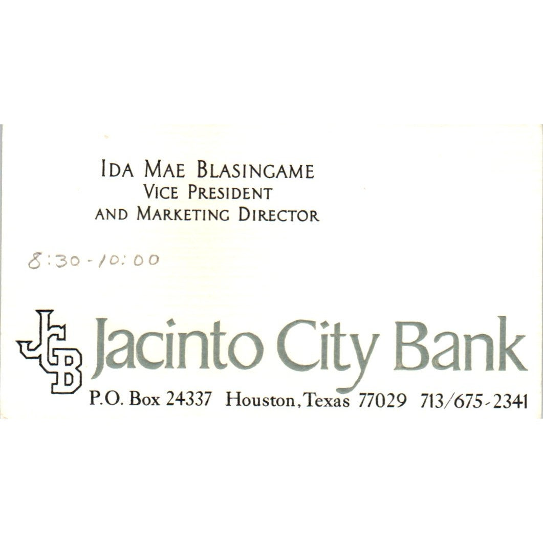 Ida Mae Blasingame Jacinto City Bank Houston Vintage Business Card SE3-B8