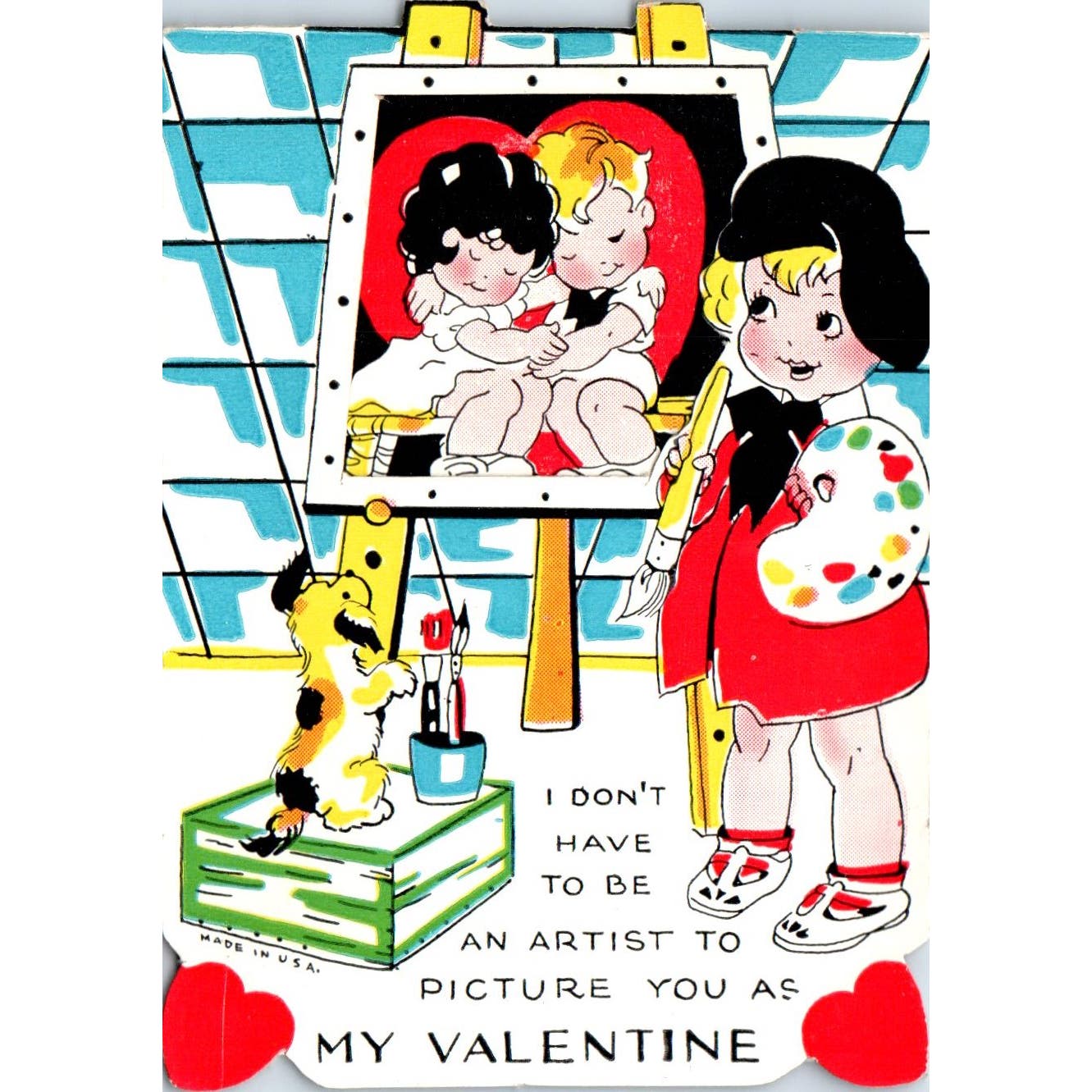 Vintage Valentines Card Artist Easel Puppy Dog AB9
