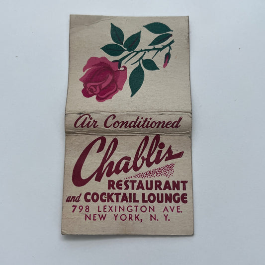Chablis Restaurant & Cocktail Lounge Lexington Ave NY Vintage Matchbook TB8-MB-3
