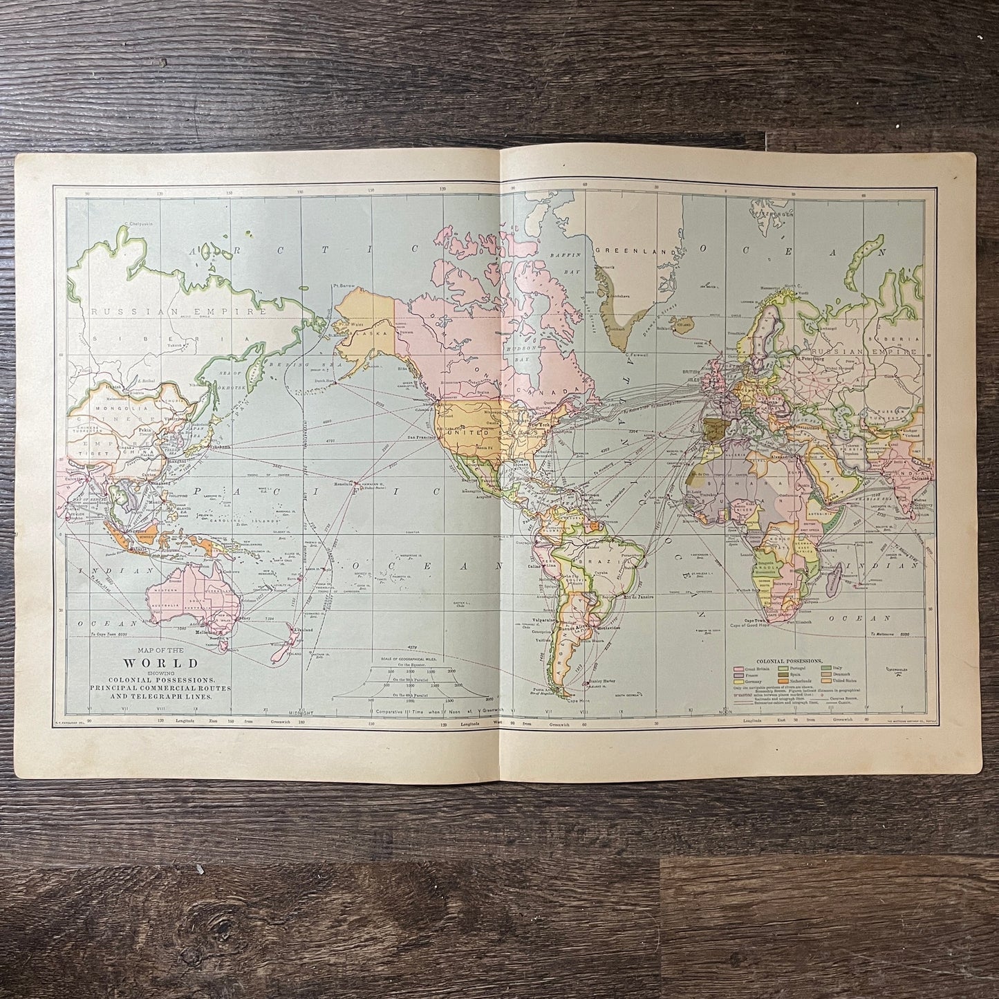 World Map Colonial Possessions Commercial Routes Telegraph Lines 1901 Map V14-1