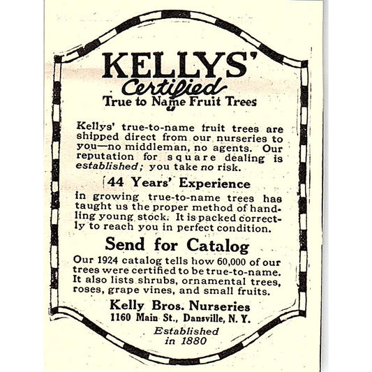 Kelly Bros. Nurseries Fruit Trees Dansville NY 1924 Ad AG3-S16